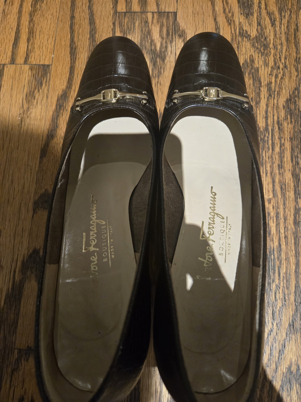 Vintage Salvatore Ferragamo Brown Croc-Embossed Leather Shoes with Gold Bit 8-2A - Picture 13 of 15